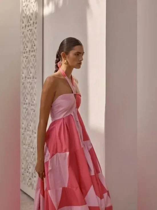 SWF Tipping Point Midi Halter Dress 100% Cotton Poplin Pink Flowy NEW NWT Medium - Picture 11 of 11